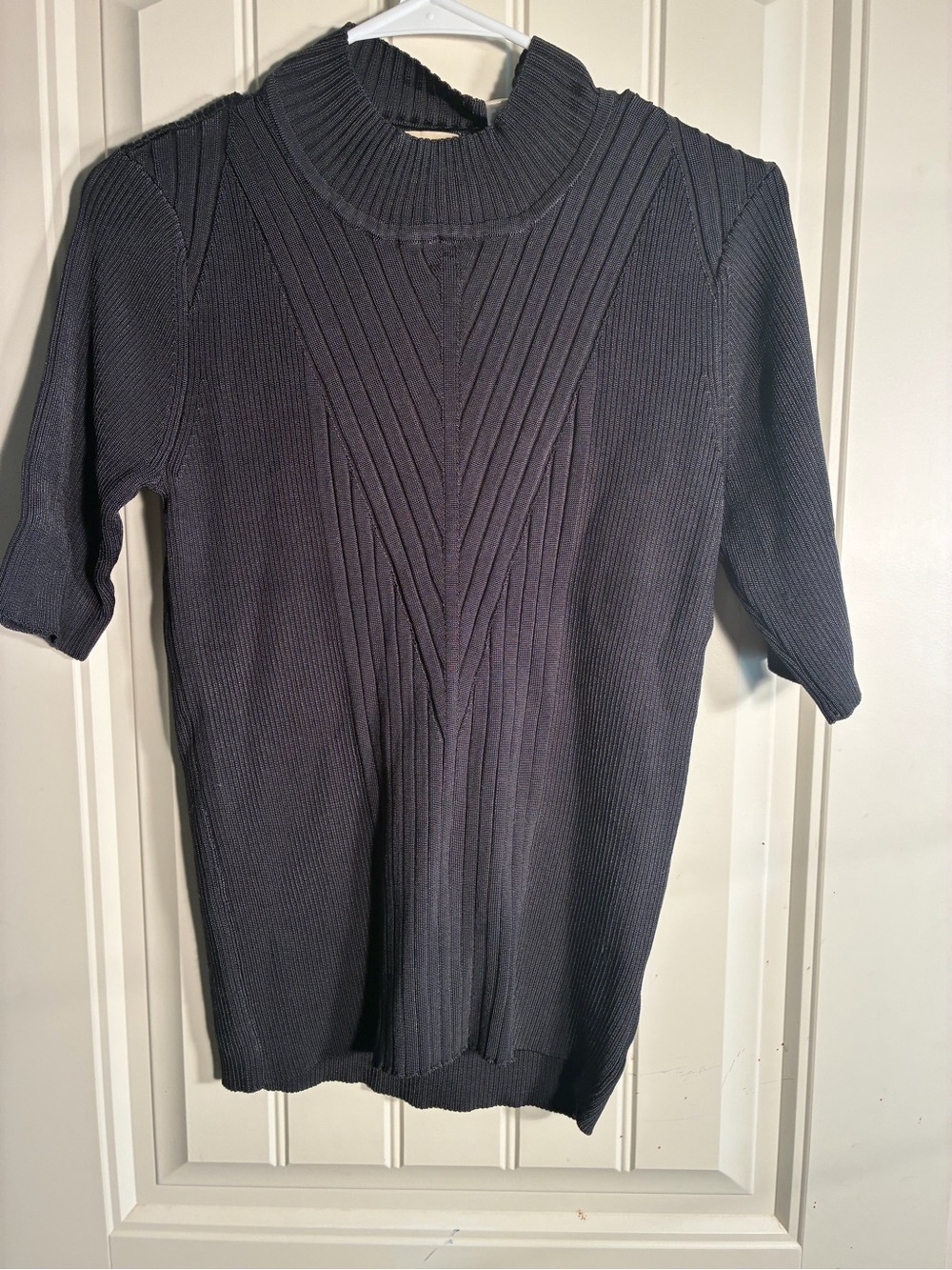 New Elie Tahari Black Ribbed Mock Neck Short-Sleeve Sweater Sz large